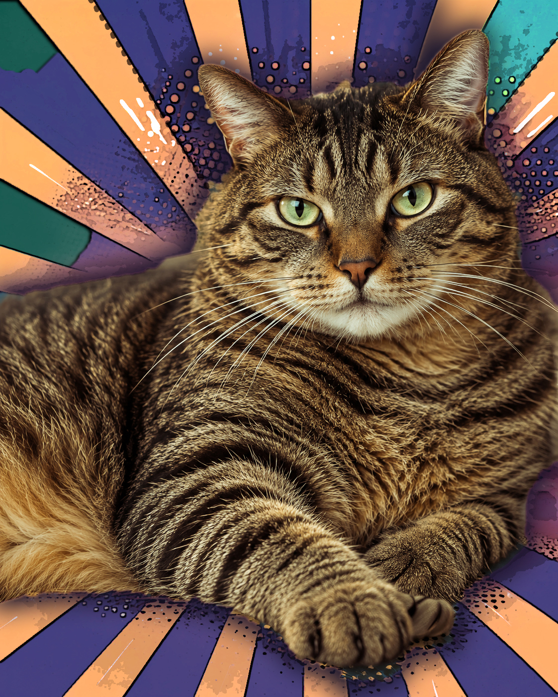 Brody facing the camera against a colorful comic-burst background